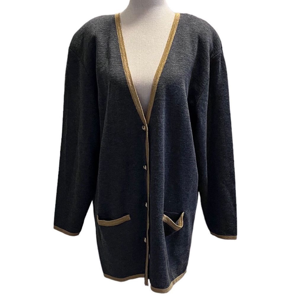 Breckenridge Gray Gold Womens Size Large V Neck Long Sleeve Cardigan Sweater